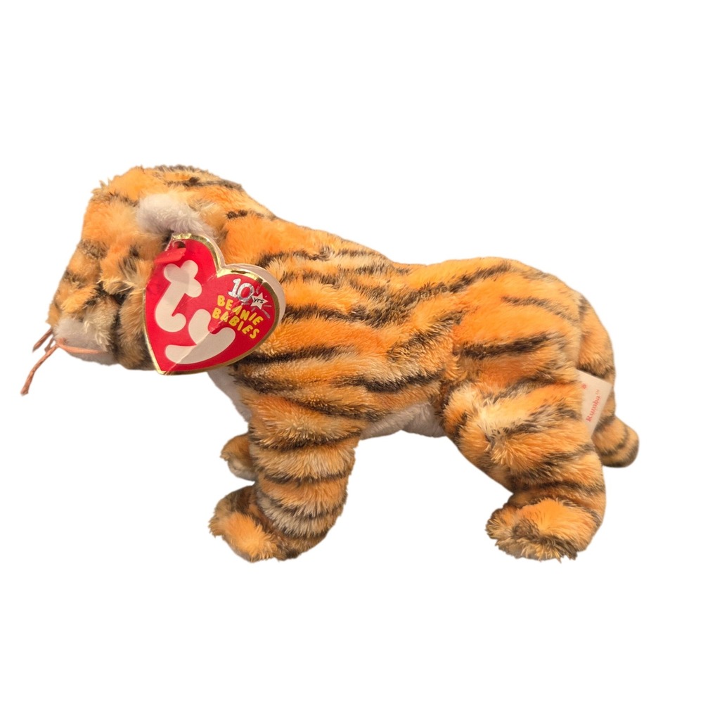 Ty Beanie Babies Plush Rumba Tiger Orange Black Excellent 10th Anniversary Tag